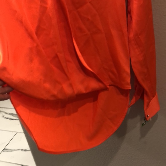 Neon orange DKNY satin low cut blouse with button sleeves. Hi low cut, - Picture 5 of 5